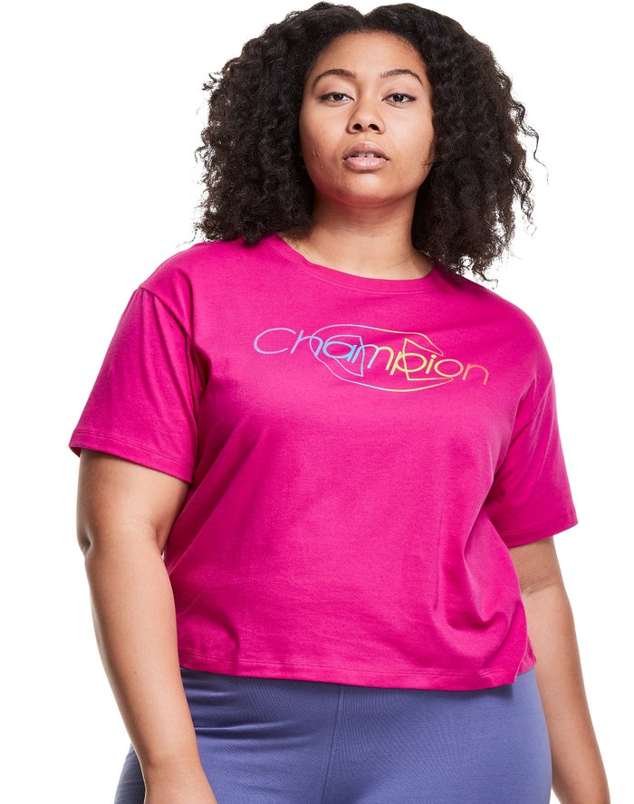 Champion Plus Lightweight Cropped Rainbow Logo T-Shirt Dames - Roze - Belgie 0213GVBHL